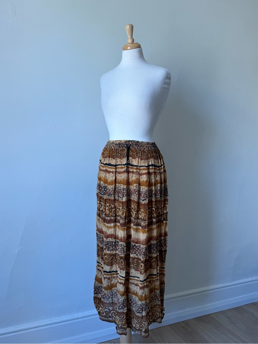 Boho Crinkle Maxi Skirt Brown Earth Tone Smocked Waist Festival M